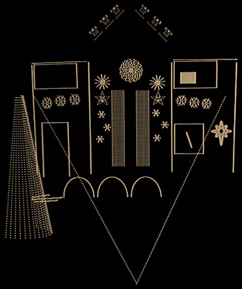 Our Christmas layout in xLights: a mega tree on the left, floods up both slopes of the gable, outlined windows and door, snowflakes, spinners, stars, two pixel matrices beside the front door, three arches along the front, and garland strings running from the house down to a pole in the garden