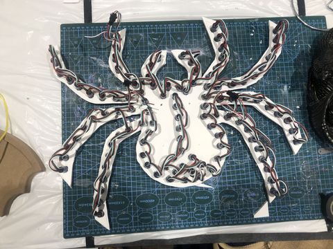 The back of the spider with the WS2811 pixel string pushed through and wired leg by leg